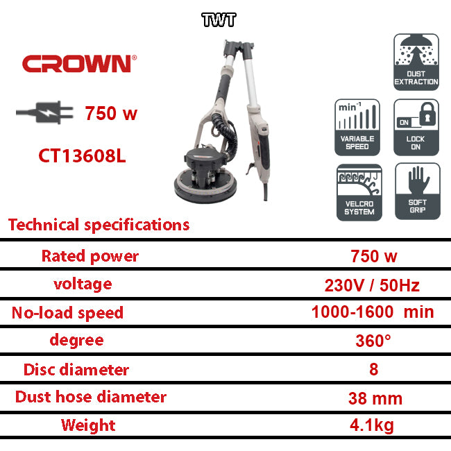 صنفرة حوائط و أسقف كراون 750 وات اضاءة 360 درجه 8 بوصه شنطه بلاستيك موديل CROWN CT13608L BMC