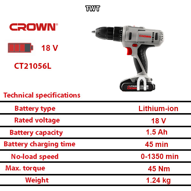 شنيور كراون 13 مم 45 نيوتن 1.5 امبير 2 بطارية 18 فولت ليثيوم ايون شنطة بلاستيك موديل CROWN CT21056L