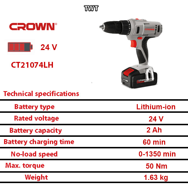 شنيور فك وربط بطاريه كراون 24 فولت 2 امبير 13 مم 50 نيوتن شنطة بلاستيك موديل CROWN – CT21074LH