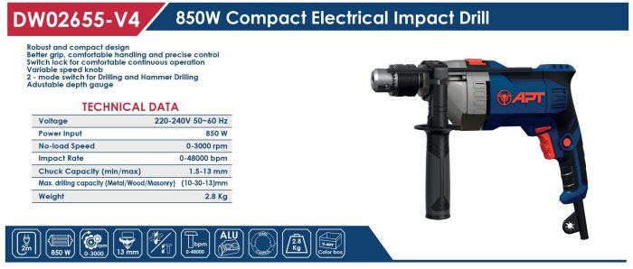 شنيور معدن دقاق الكتروني يمين و شمال 13 مم 850 وات صينى اي بي تي موديل APT DW02655-V4
